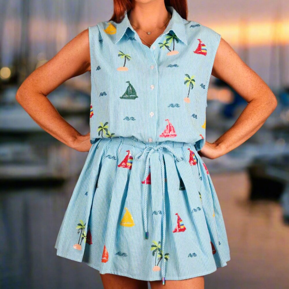 NWT Queen of Sparkles Blue Stripe Sail Boat & Palm Tree Icon Cotton Tie Dress - Picture 4 of 8